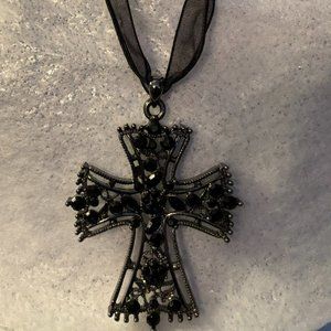 Beautiful Oxidized Cross with Black Beading and Ribbon Necklace.
